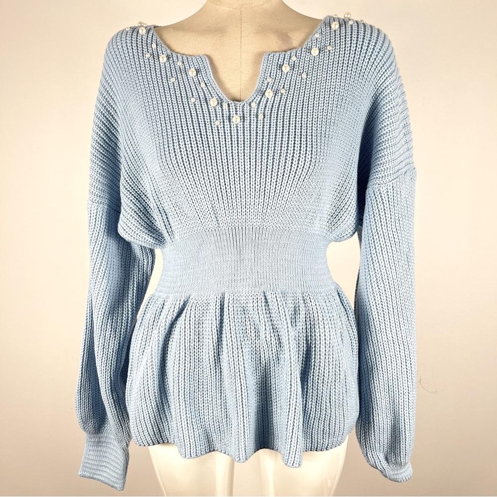 Shein pearl neckline sweater in with ribbing texture and waist shaping